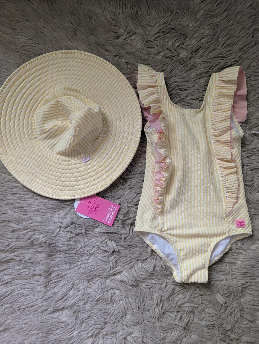 NWT BUNDLE Ruffle Butts Seersucker Waterfall One Piece Swimsuit and Sun Hat